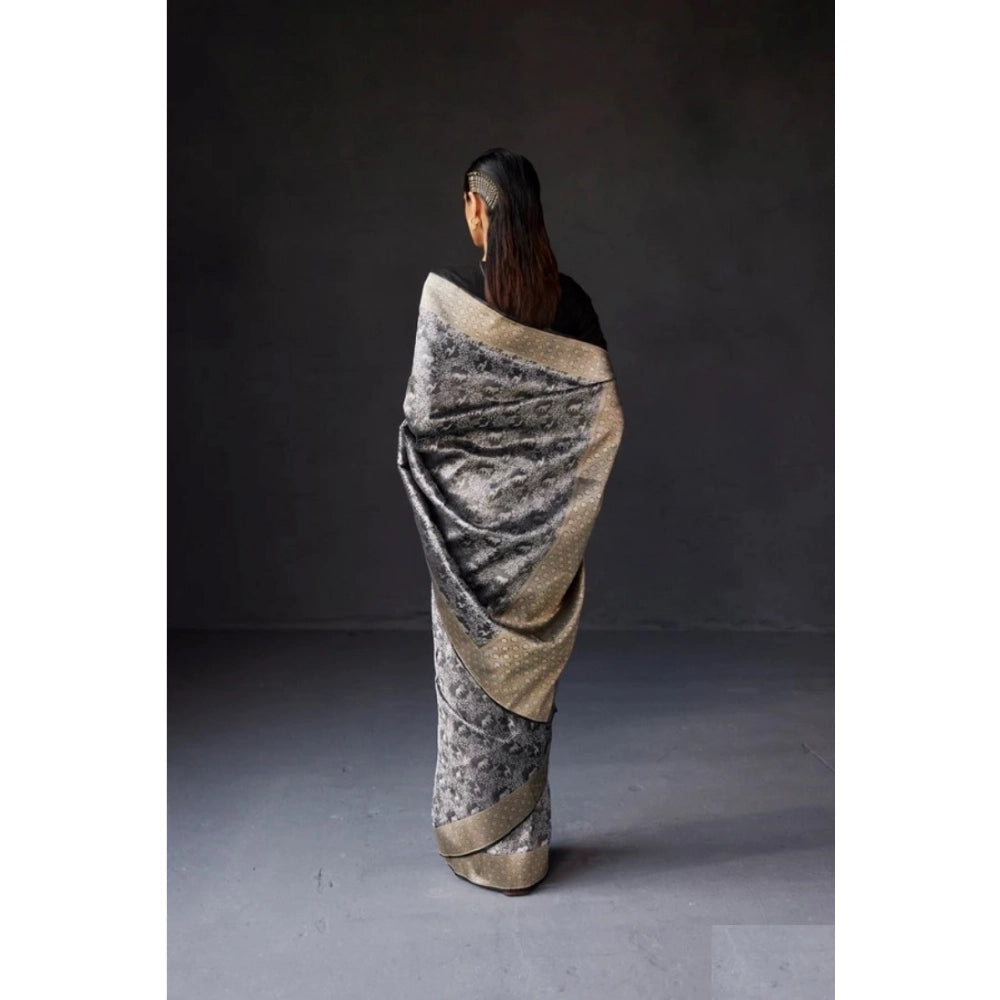 Grey silk printed saree with unstitched blouse (5.5mtr) on model, luxurious ethnic wear for women
