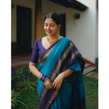 Blue silk printed saree with unstitched blouse (5.5mtr) on model