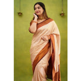 Cream silk printed saree with unstitched blouse (5.5Mtr), traditional Indian attire on mannequin