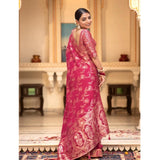 Pink silk printed saree with unstitched blouse (5.5mtr), detailed close-up view of vibrant design