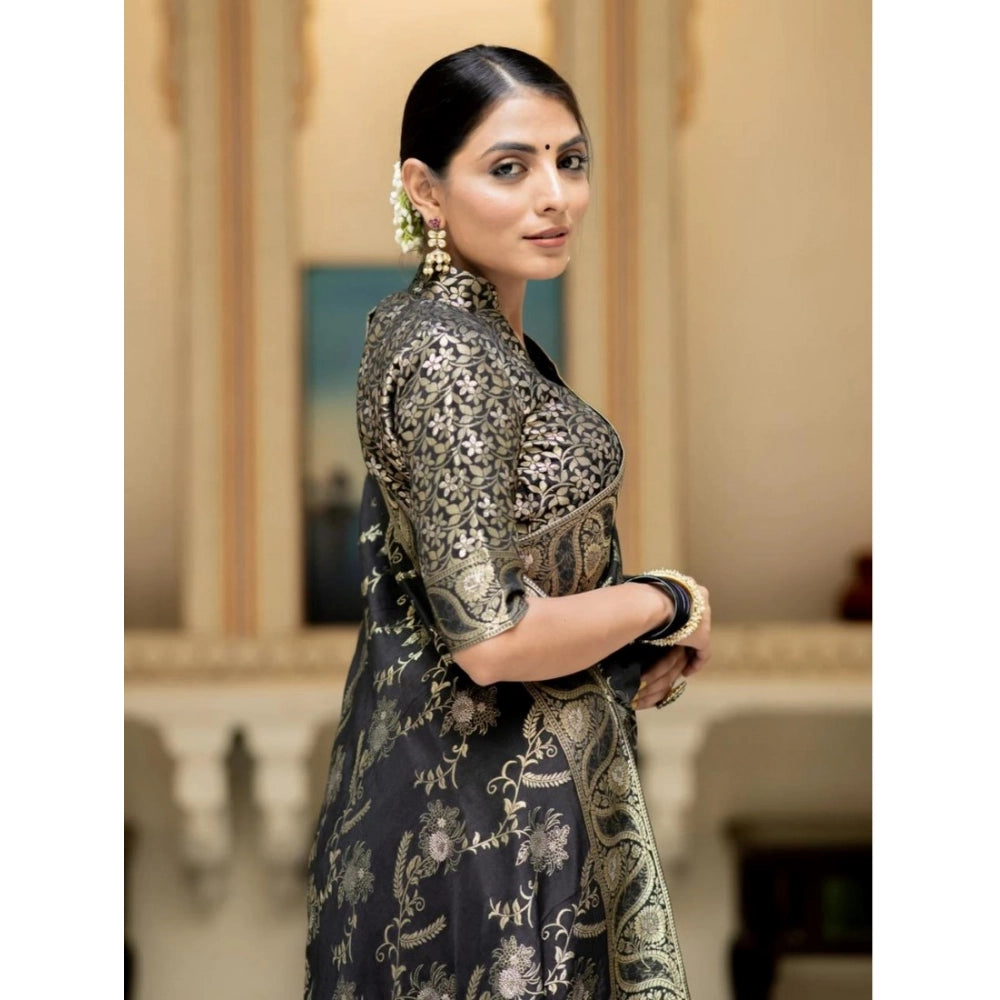 Black silk printed saree with unstitched blouse (5.5mtr) on mannequin