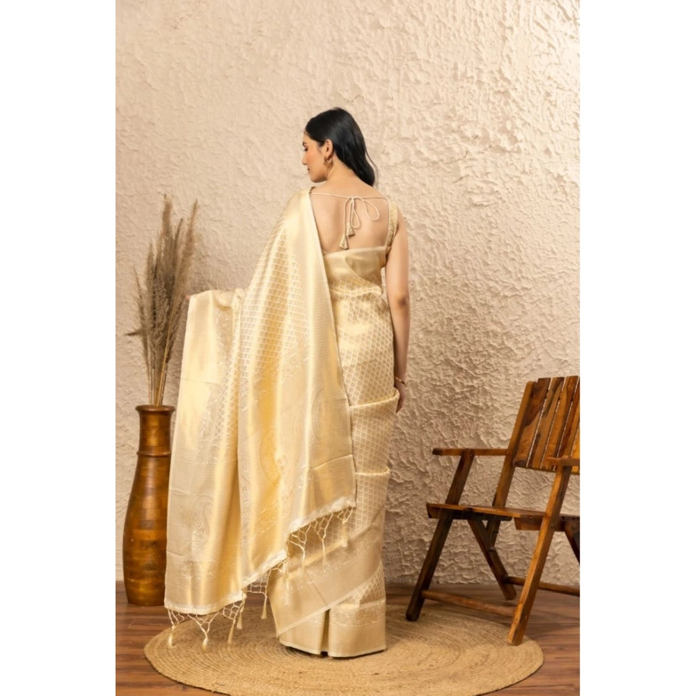 Gold silk printed saree with unstitched blouse (5.5mtr), luxurious Indian traditional wear on mannequin
