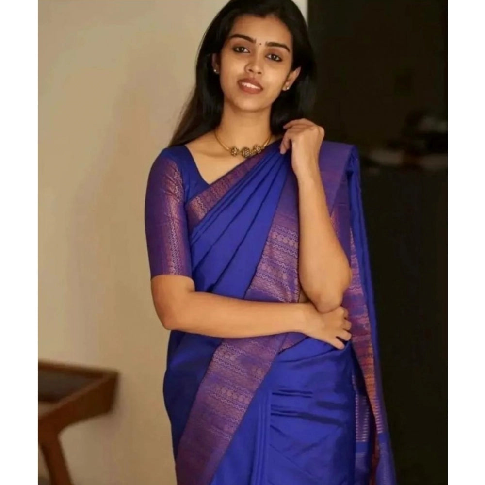 Blue silk printed saree with unstitched blouse, 5.5Mtr length