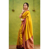 Yellow silk printed saree with unstitched blouse (5.5mtr), vibrant floral design for traditional Indian wear