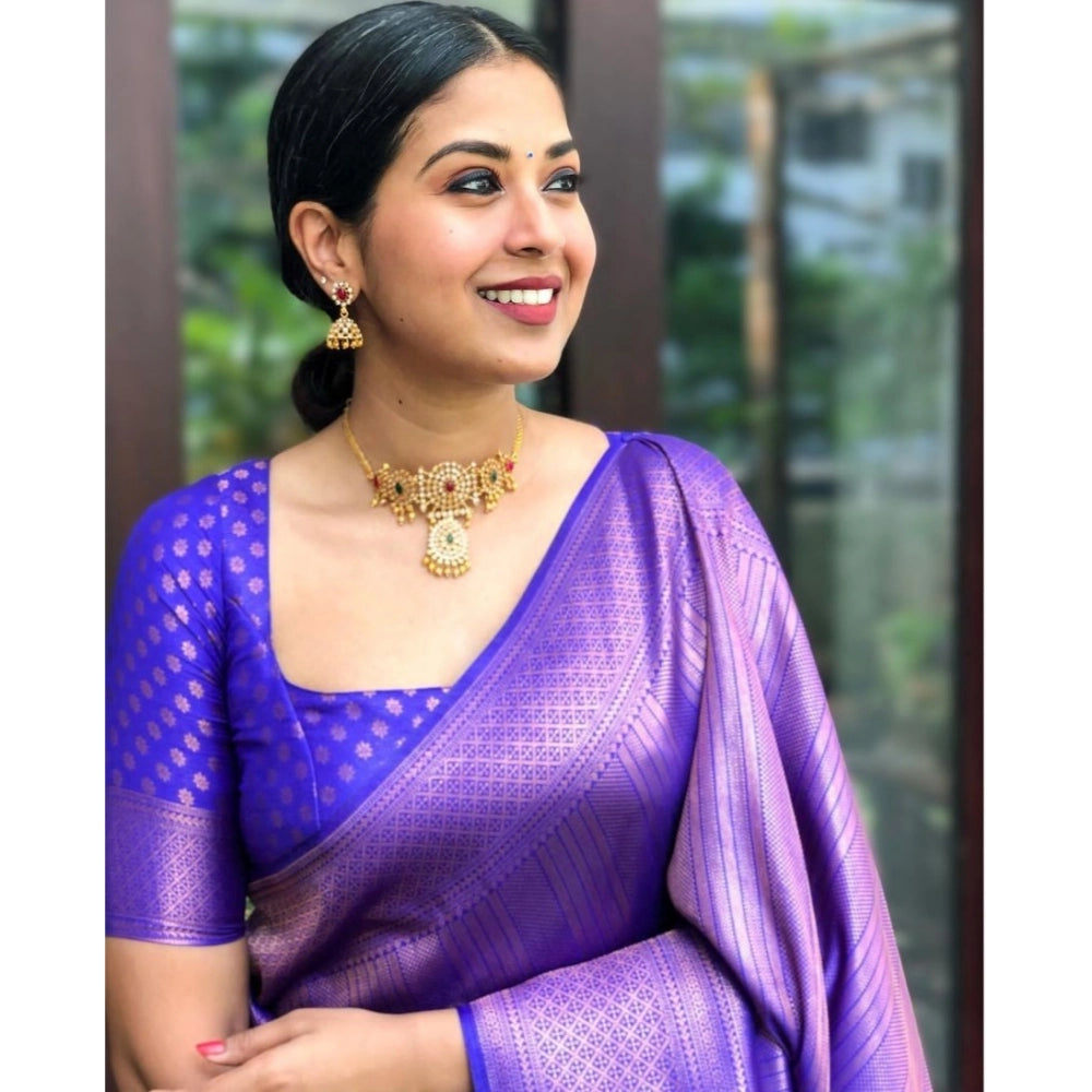 Blue silk printed saree with unstitched blouse (5.5mtr), traditional Indian women's wear on mannequin