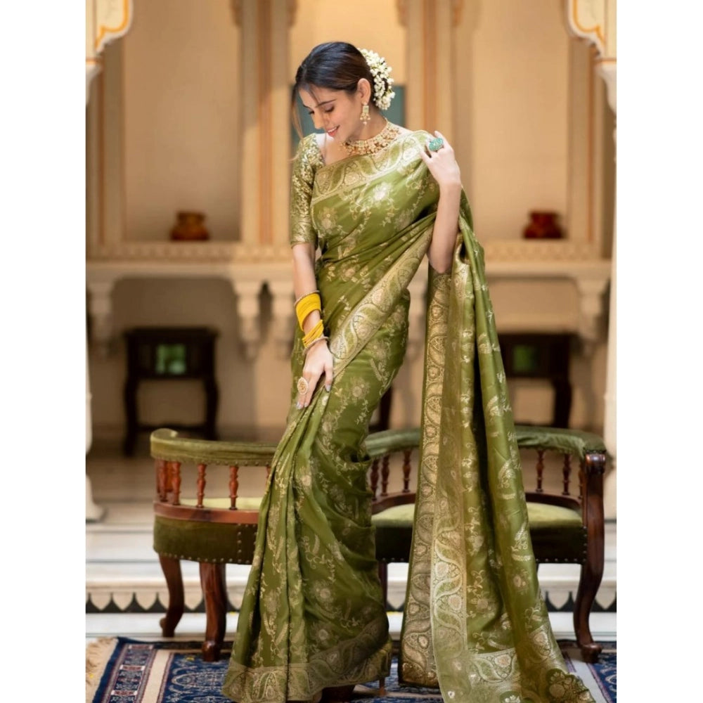 Olive green silk printed saree with unstitched blouse (5.5mtr), elegant Indian attire for special occasions
