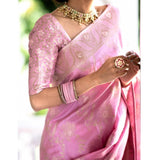 Pink silk printed saree with unstitched blouse (5.5mtr), stylish traditional Indian women's attire on mannequin