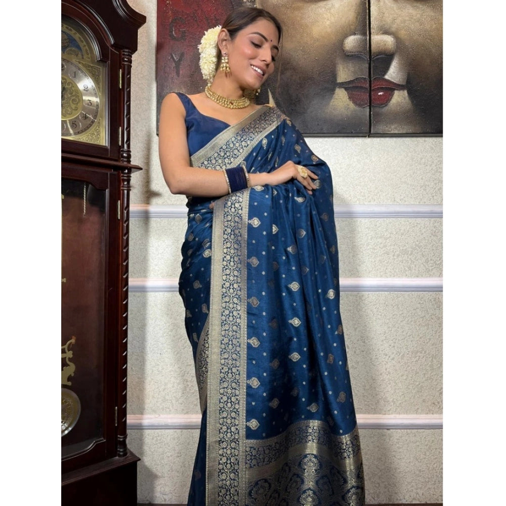Silk printed Rama blue saree with unstitched blouse (5.5mtr) - Vibrant traditional wear for women