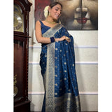Silk printed Rama blue saree with unstitched blouse (5.5mtr) - Vibrant traditional wear for women