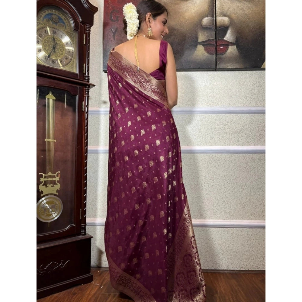Women's wine silk printed saree with unstitched blouse, 5.5mtr - vibrant silk saree on hanger