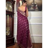 Women's wine silk printed saree with unstitched blouse, 5.5mtr - vibrant silk saree on hanger