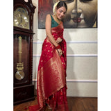 Red silk printed saree with unstitched blouse (5.5Mtr)