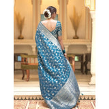 Rama silk printed saree with unstitched blouse (5.5Mtr), luxurious traditional Indian attire on mannequin