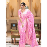Pink silk printed saree with unstitched blouse (5.5mtr), vibrant floral design on soft fabric