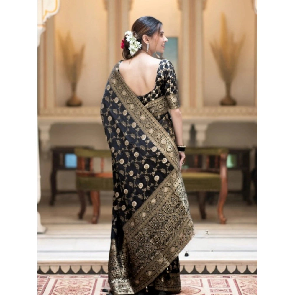 Black silk printed saree with unstitched blouse (5.5mtr), elegant Indian women's wear