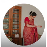 Red silk printed saree with unstitched blouse, 5.5mtr length on hanger