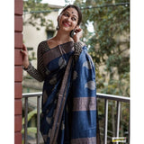 Navy Blue silk printed saree with unstitched blouse, vibrant design on 5.5m fabric