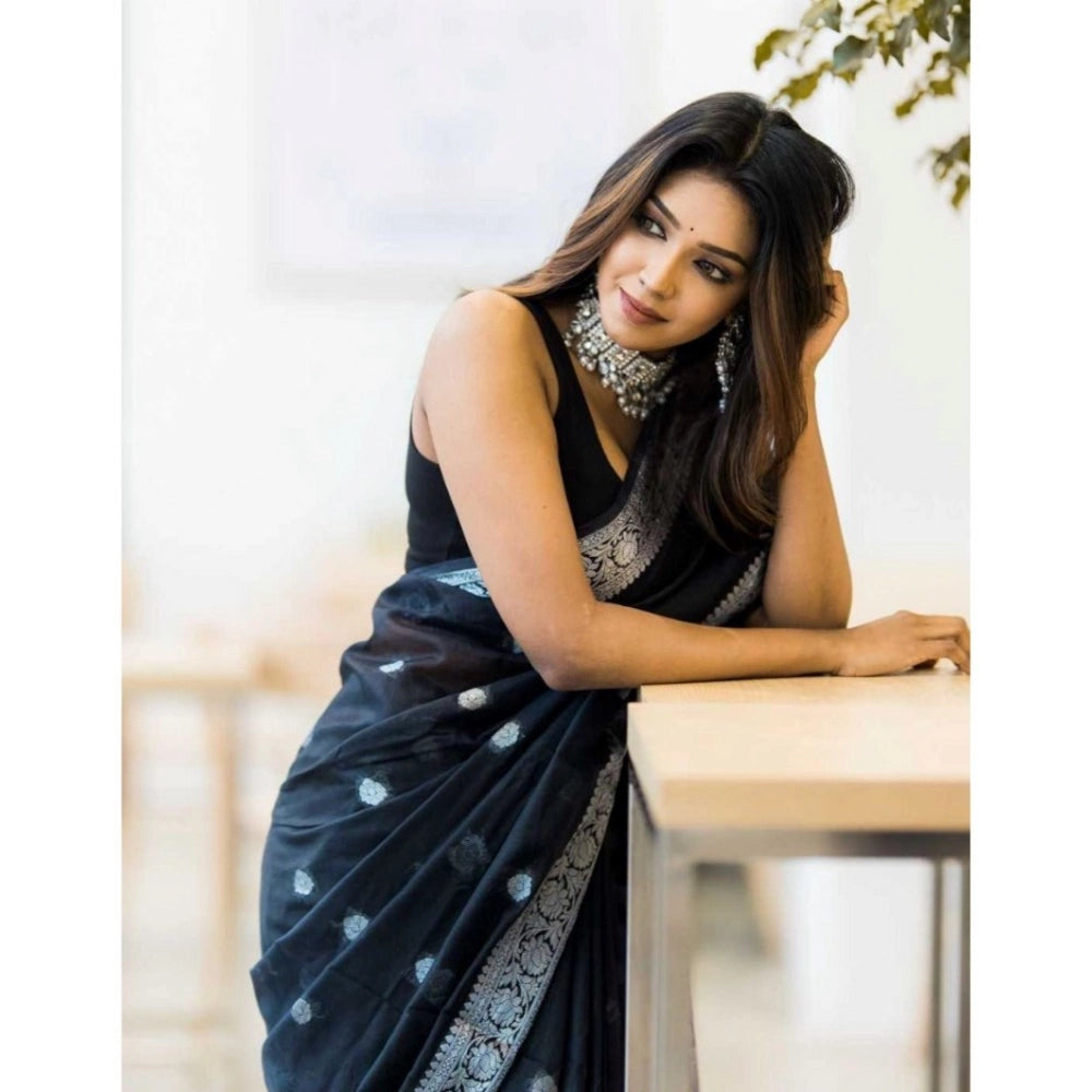 Black cotton printed saree with unstitched blouse, vibrant design for women's traditional wear