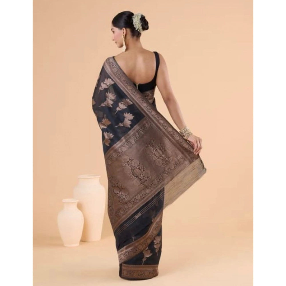 Black silk printed saree with unstitched blouse (5.5mtr)