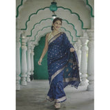 Navy blue cotton printed saree with unstitched blouse (5.5Mtr), vibrant Indian fashion wear