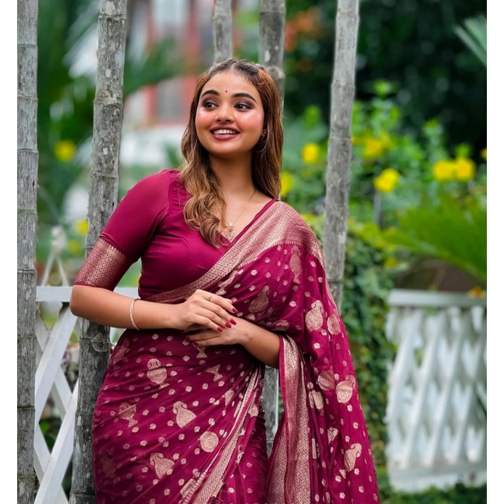 Women's wine silk printed saree with unstitched blouse, vibrant pattern on 5.5mtr length