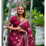 Women's wine silk printed saree with unstitched blouse, vibrant pattern on 5.5mtr length