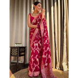 Pink silk printed saree with unstitched blouse, 5.5mtr length