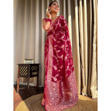 Pink silk printed saree with unstitched blouse (5.5Mtr), elegant Indian attire on mannequin