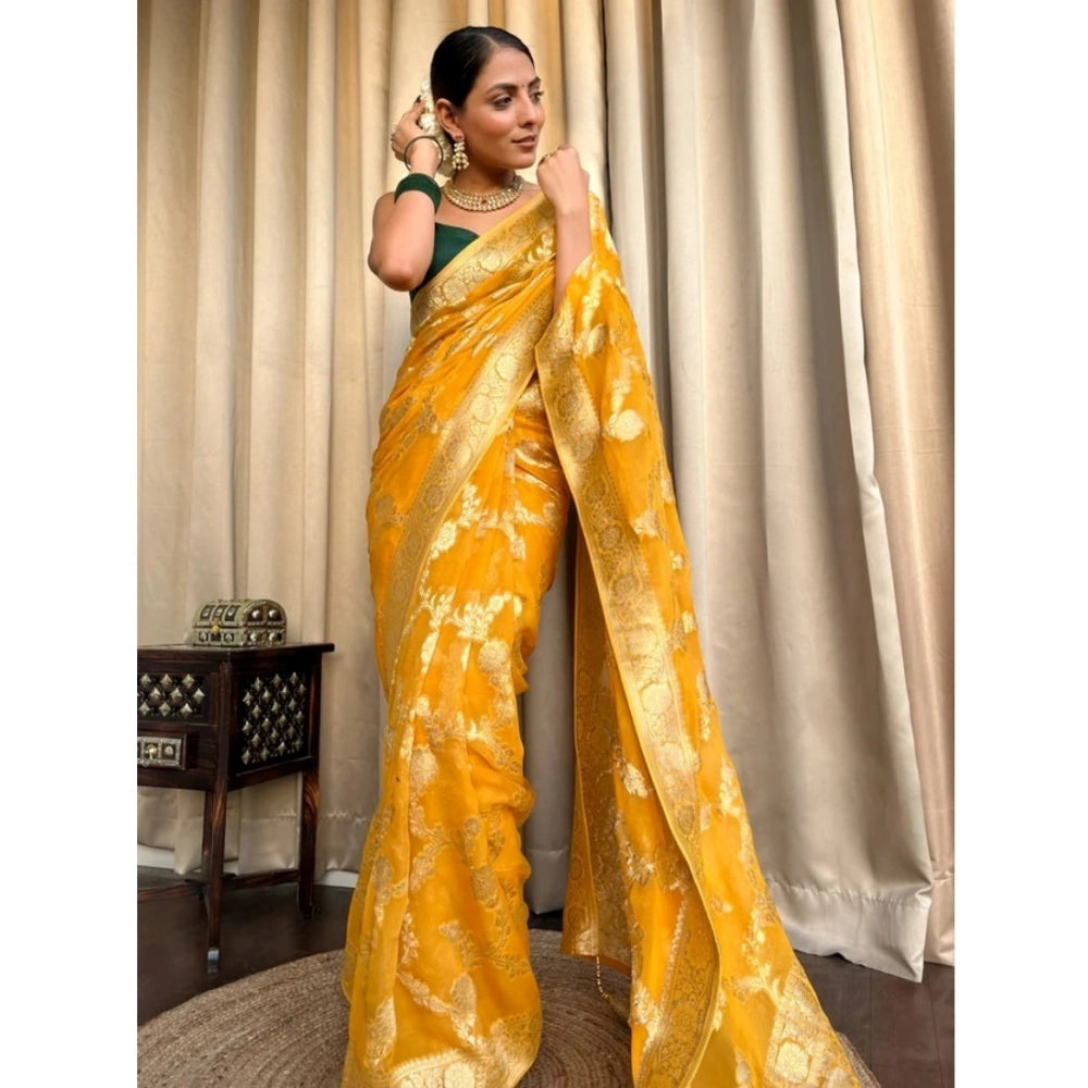 Gold yellow silk printed saree with unstitched blouse (5.5mtr), traditional Indian attire on model