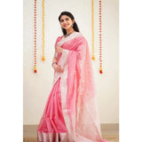Women's Cotton Printed Saree With Unstitched Blouse 5.5Mtr (Pink)