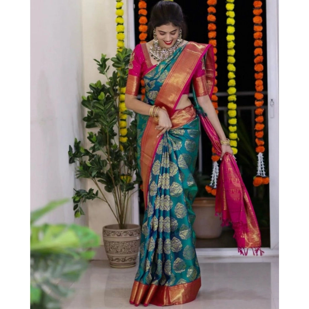 Teal blue silk printed saree with unstitched blouse (5.5Mtr) - high-quality, traditional Indian women's wear on mannequin