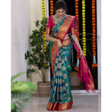 Teal blue silk printed saree with unstitched blouse (5.5Mtr) - high-quality, traditional Indian women's wear on mannequin