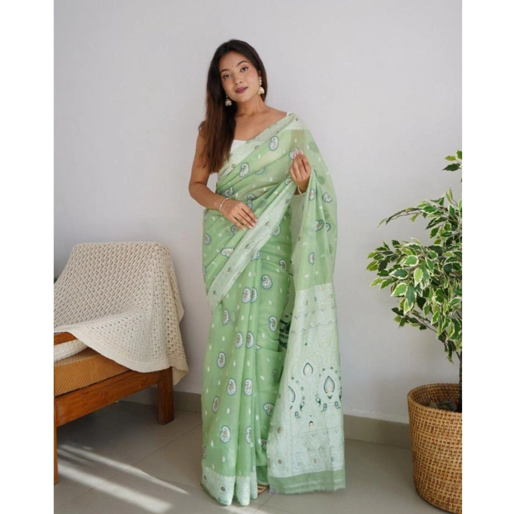 Women's cotton printed pista saree with unstitched blouse (5.5Mtr), vibrant colors, intricate designs for traditional attire