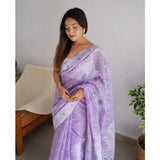 Lavender cotton printed saree with unstitched blouse, vibrant floral design for Indian women's traditional wear