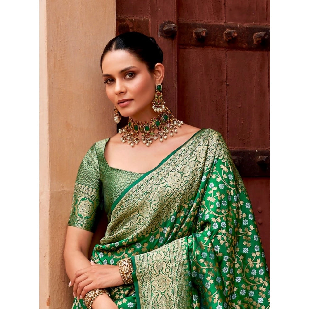 Green silk printed saree with unstitched blouse (5.5Mtr), elegant Indian women's fashion on mannequin