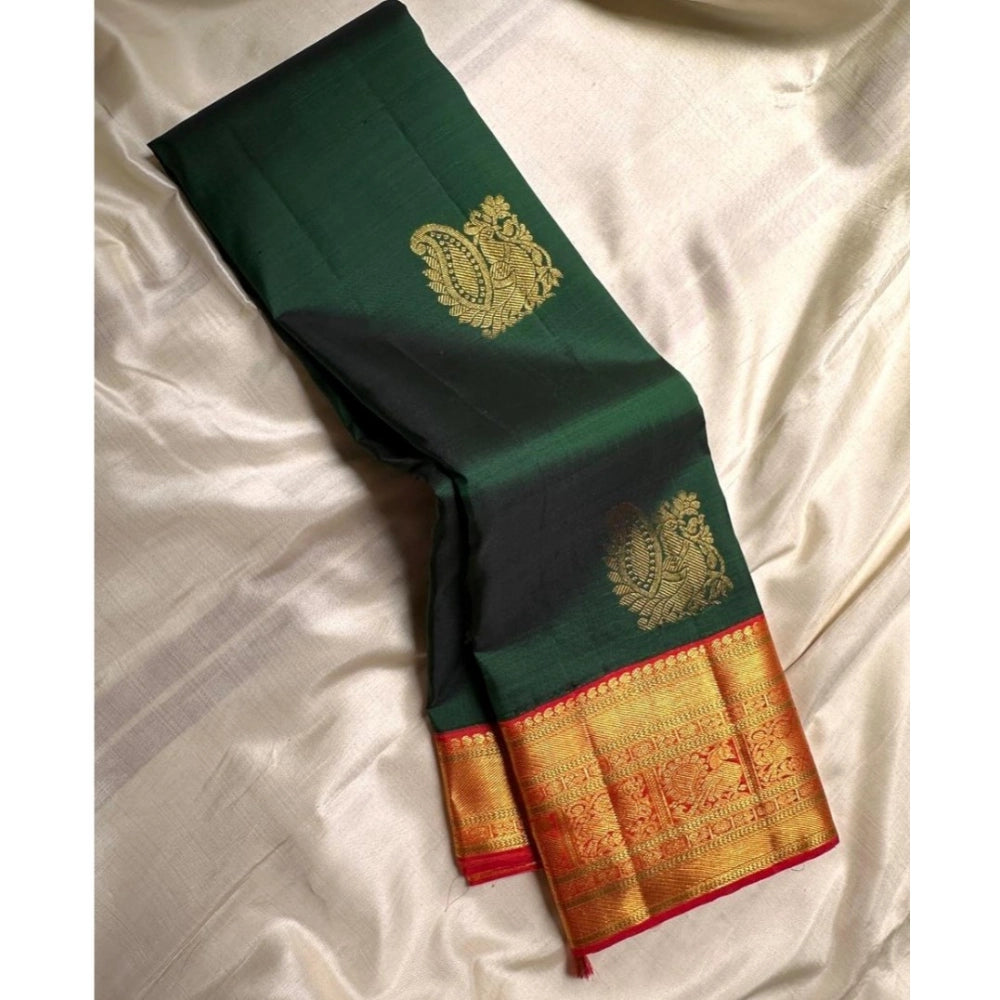 Green silk printed saree with unstitched blouse (5.5mtr), elegant South Asian women's fashion accessory on mannequin