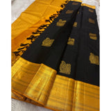 Black silk printed saree with unstitched blouse, luxurious fabric for traditional Indian wear