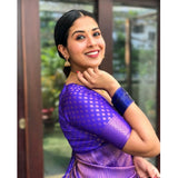 Blue silk printed saree with unstitched blouse (5.5mtr), luxurious traditional Indian wear on mannequin