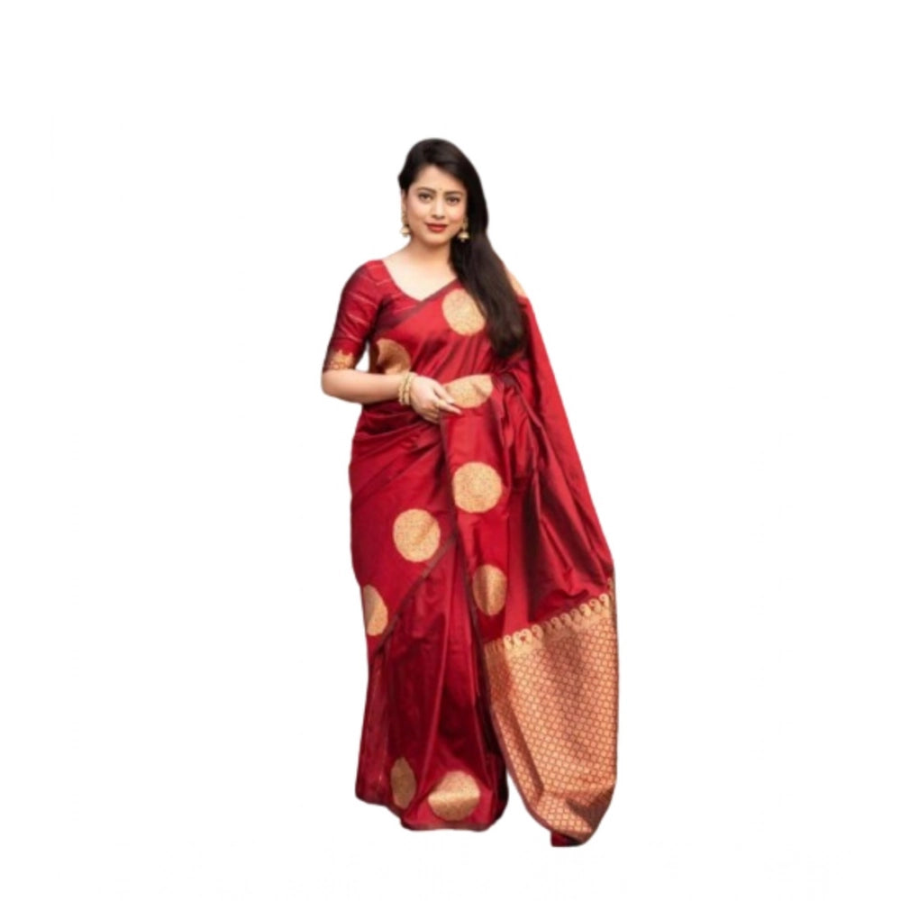 Red silk printed saree with unstitched blouse (5.5mtr), vibrant design on luxurious fabric