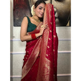 Red silk printed saree with unstitched blouse (5.5Mtr) - vibrant Indian fashion accessory for women on display