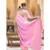 Pink silk printed saree with unstitched blouse (5.5mtr), women's traditional Indian wear