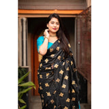 Sky blue silk printed saree with unstitched blouse, vibrant pattern details for women's traditional Indian wear