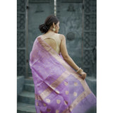 Lavender printed cotton saree with unstitched blouse (5.5Mtr), women's traditional Indian attire on mannequin
