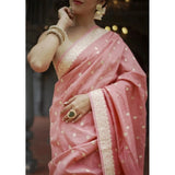 Women's Cotton Printed Saree With Unstitched Blouse 5.5Mtr (Peach)