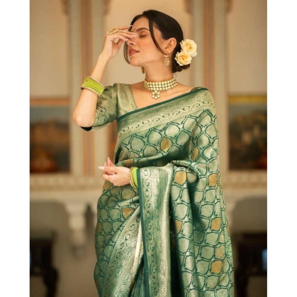Green silk printed saree with unstitched blouse (5.5mtr), elegant Indian attire on mannequin