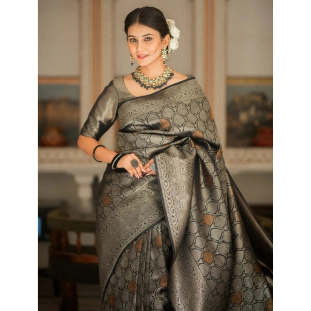 Black silk printed saree with unstitched blouse (5.5mtr)