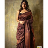 Coffee silk printed saree with unstitched blouse (5.5mtr), elegant Indian women's wear on mannequin