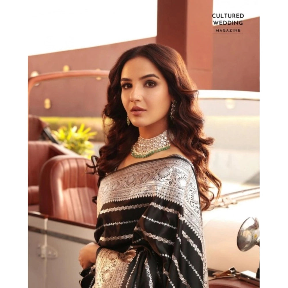 Black silk printed saree with unstitched blouse (5.5mtr), luxury Indian wear on mannequin