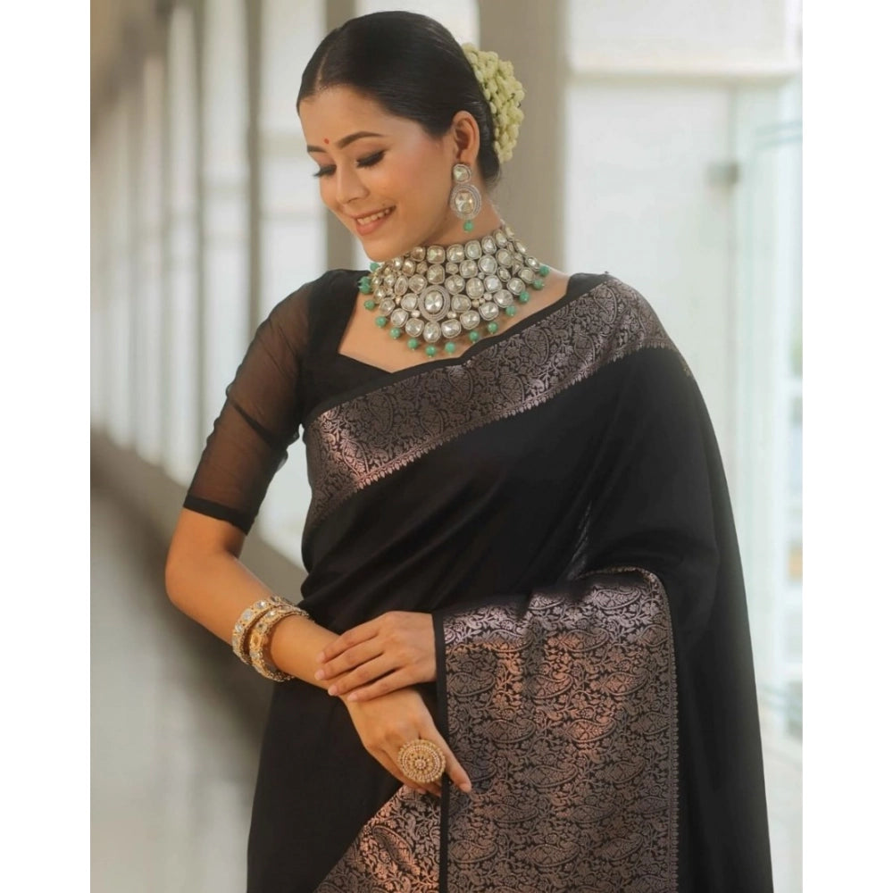 Black silk printed saree with unstitched blouse (5.5mtr) on model