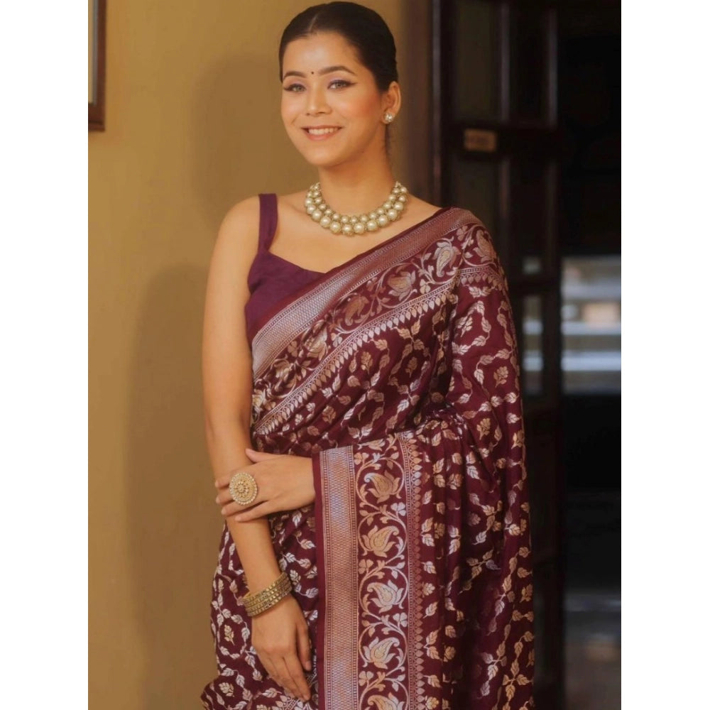 Maroon silk printed saree with unstitched blouse (5.5Mtr), luxury Indian traditional wear on mannequin
